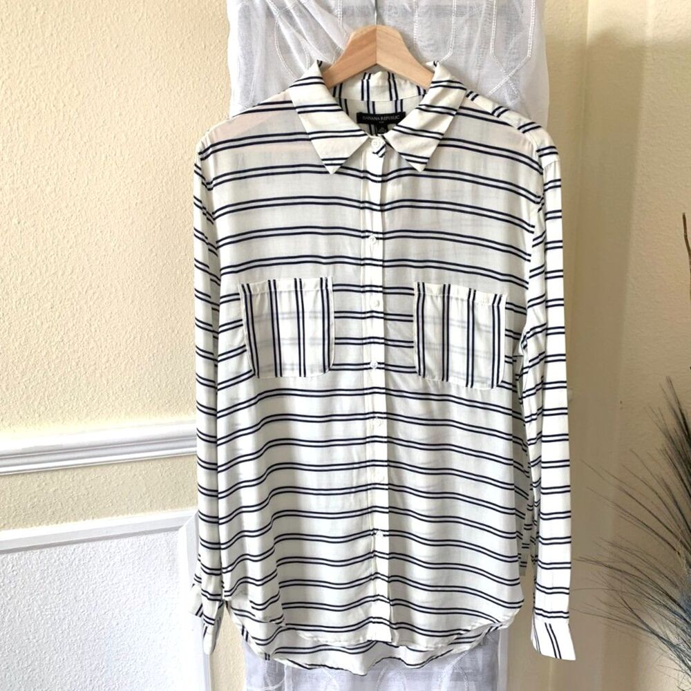 Classic Coastal Striped Long Sleeve Button Down Blouse with Pockets